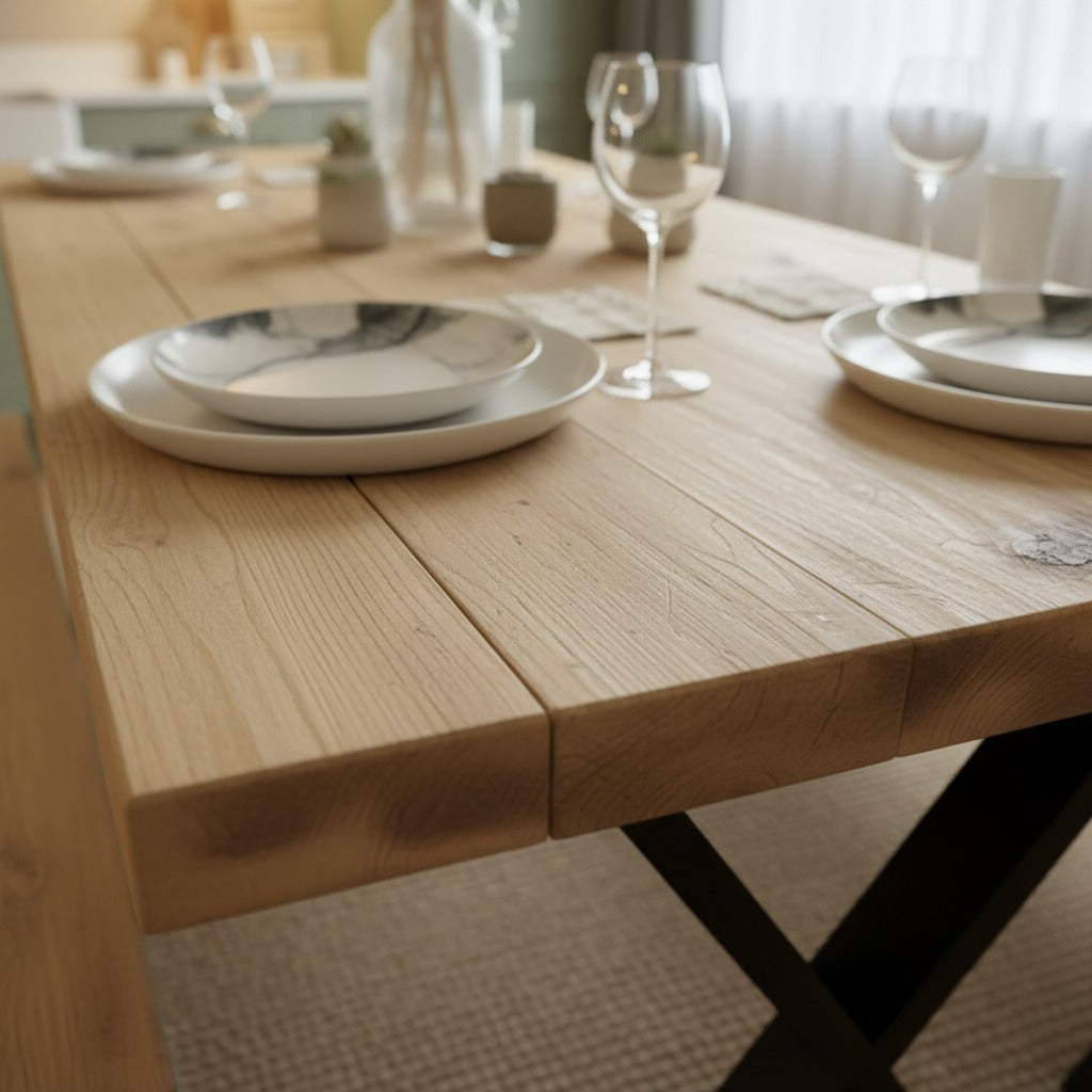 Handcrafted Rustic Scaffold Board Dining Table & Bench Set with Steel X-Frame Legs