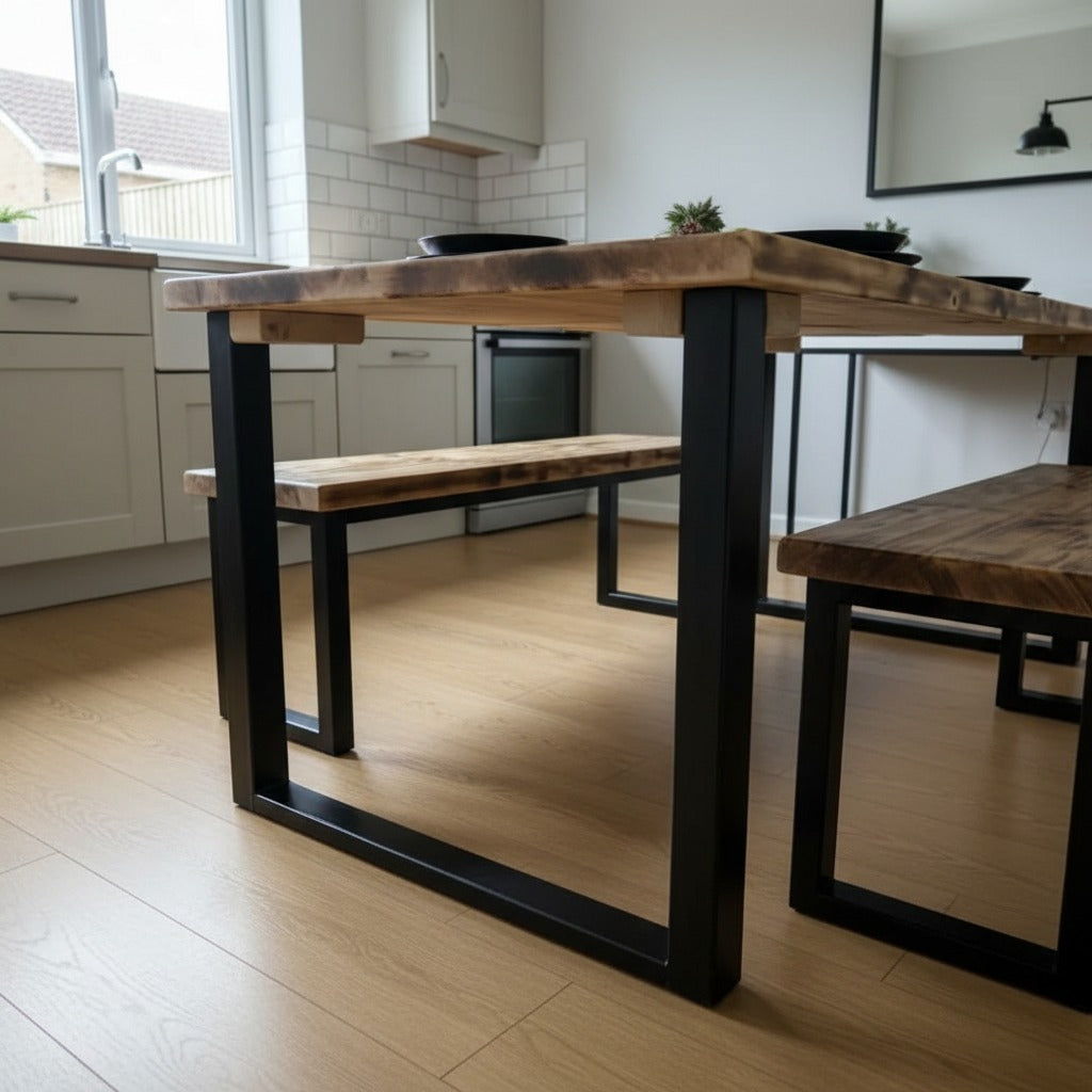 Burn Top Scaffold Board Dining Table & Bench Set, Steel Square Legs