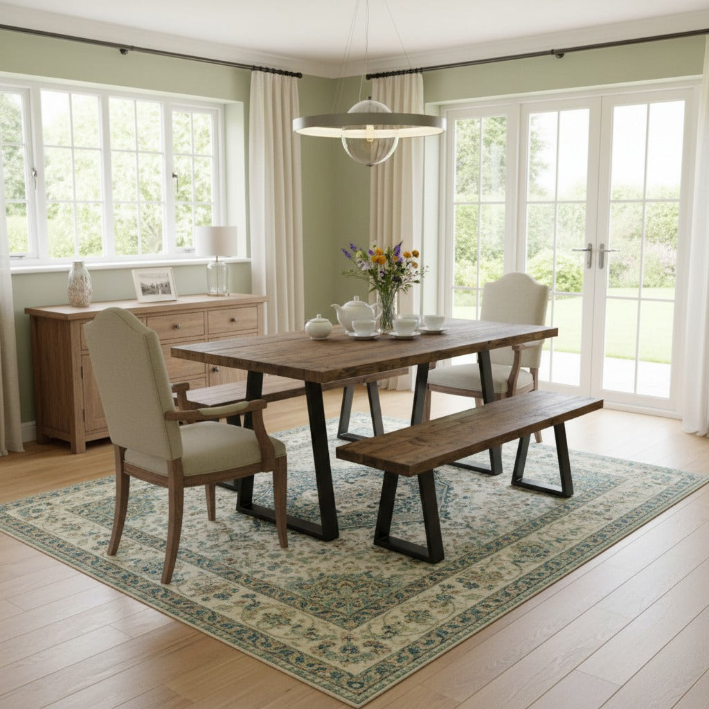 Rustic Reclaimed Wood Dining Table & Bench Set with Steel Trapezium Legs