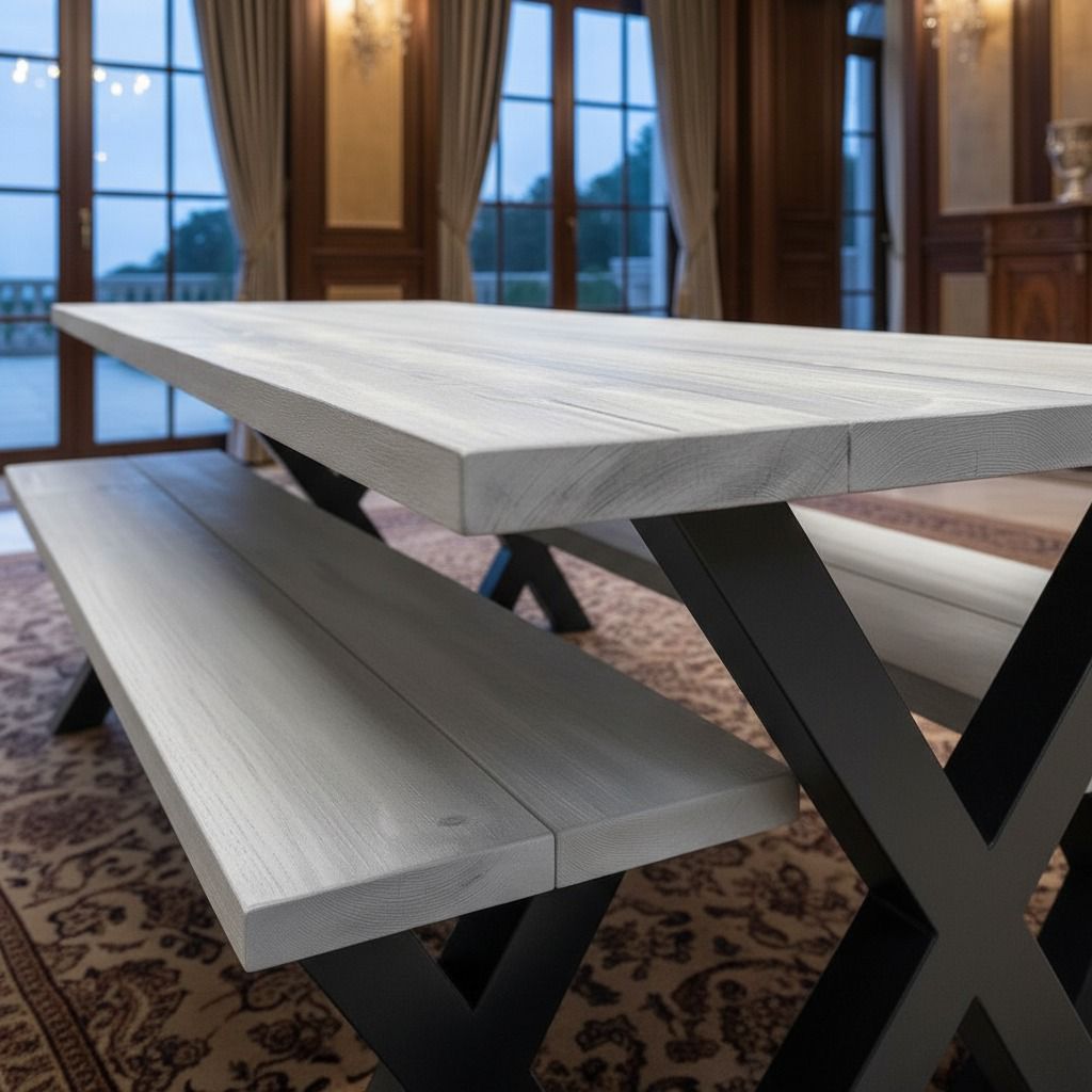 Rustic Scaffold Board Dining Table & Bench Set with Steel Square Legs – Industrial Reclaimed Style