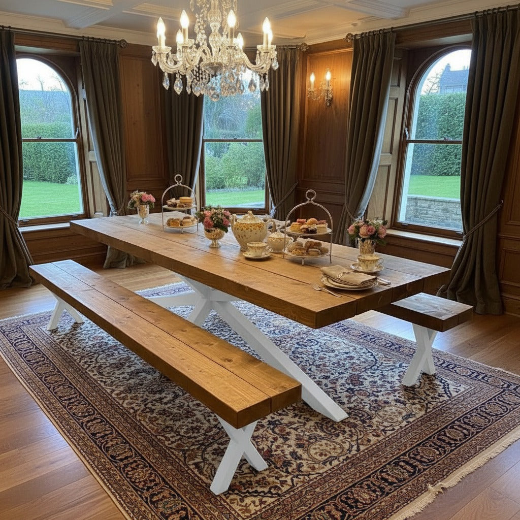 Titan Industrial Heritage Dining Table – Handmade Solid Wood 7.0cm Thick Top in Medium Oak Finish with Metal Spider Base, Luxury Custom Size Dining Table
