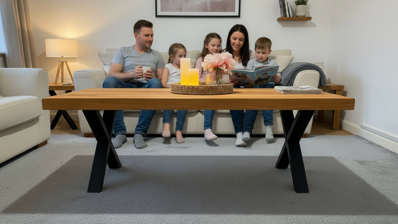 Industrial Scaffold Board Coffee Table on Steel X-Legs Handcrafted Wooden Furniture