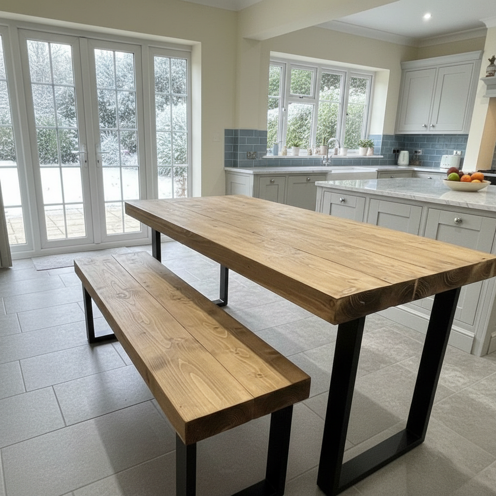 Artisan Reclaimed Wood Dining Table & Bench Set with Industrial Steel Trapezium Legs....