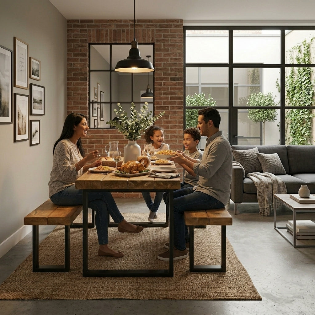 Rustic Scaffold Board Dining Table & Bench Set – Industrial Reclaimed Wood with Steel Legs
