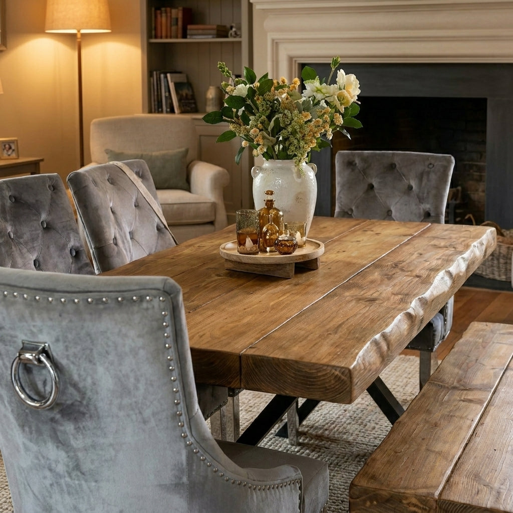 The Alpine Live-Edge Solid Wood Dining Table – Handmade Rustic Industrial Dining Table in Medium Oak Finish
