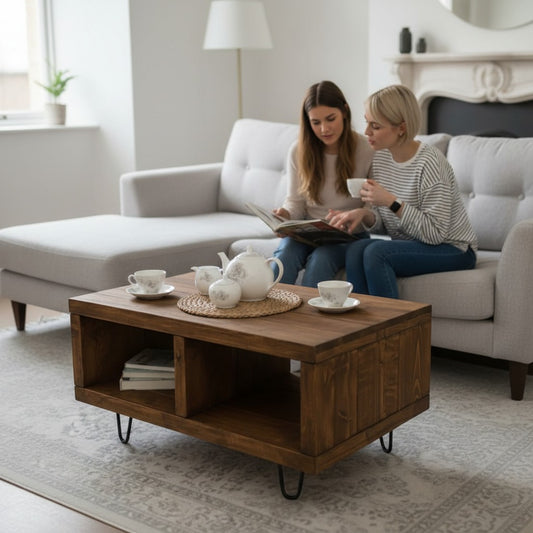 Two women sitting on a couch in a living room with a wooden coffee table and tea set.