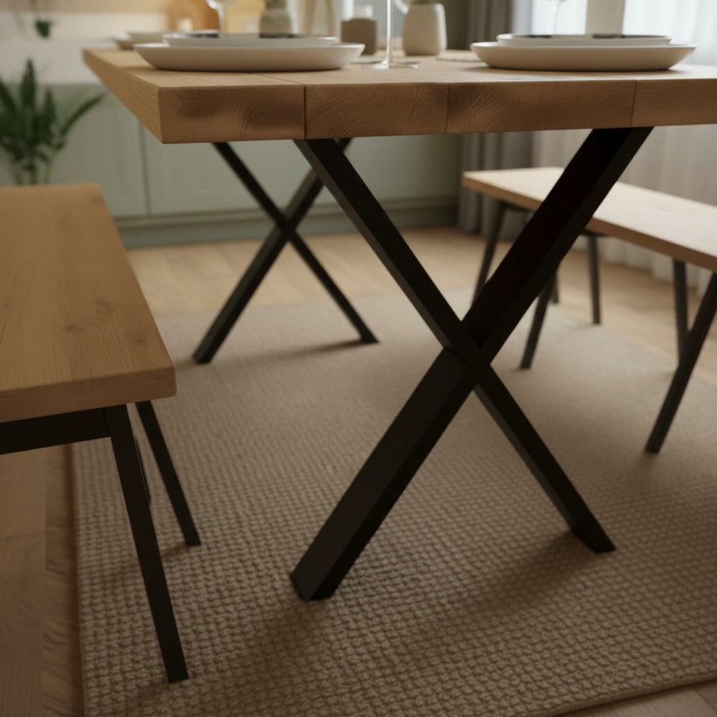 Handcrafted Rustic Scaffold Board Dining Table & Bench Set with Steel X-Frame Legs