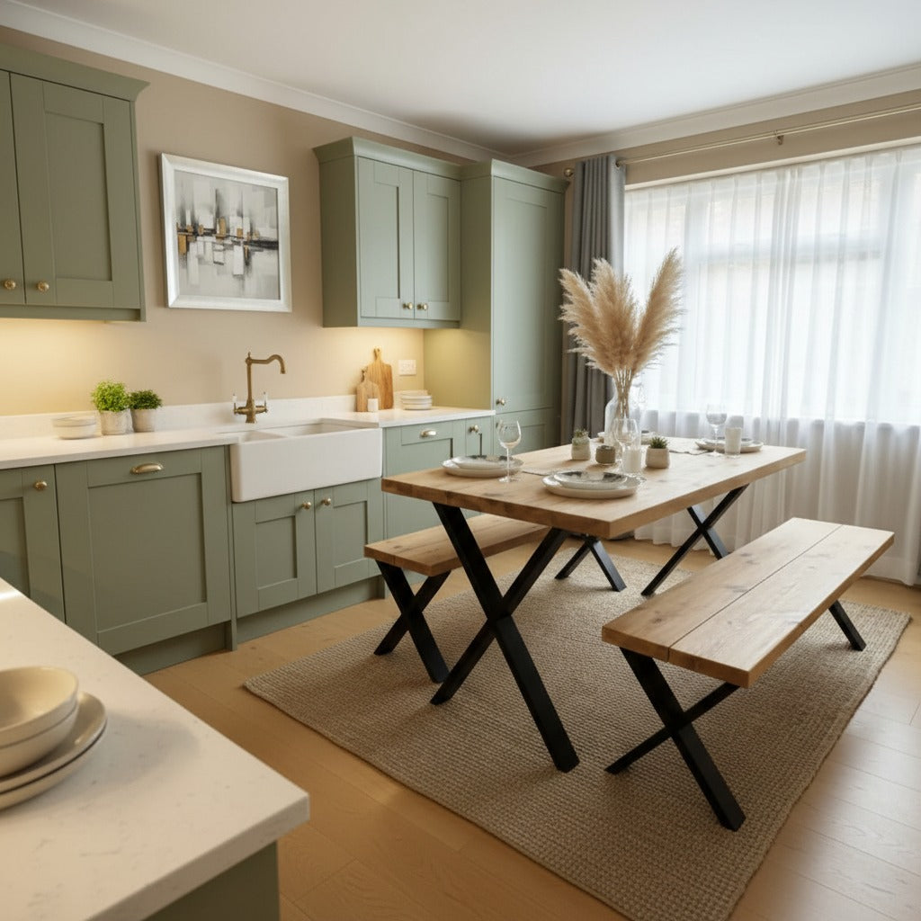 Handcrafted Rustic Scaffold Board Dining Table & Bench Set with Steel X-Frame Legs