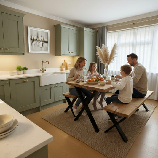 Handcrafted Rustic Scaffold Board Dining Table & Bench Set with Steel X-Frame Legs