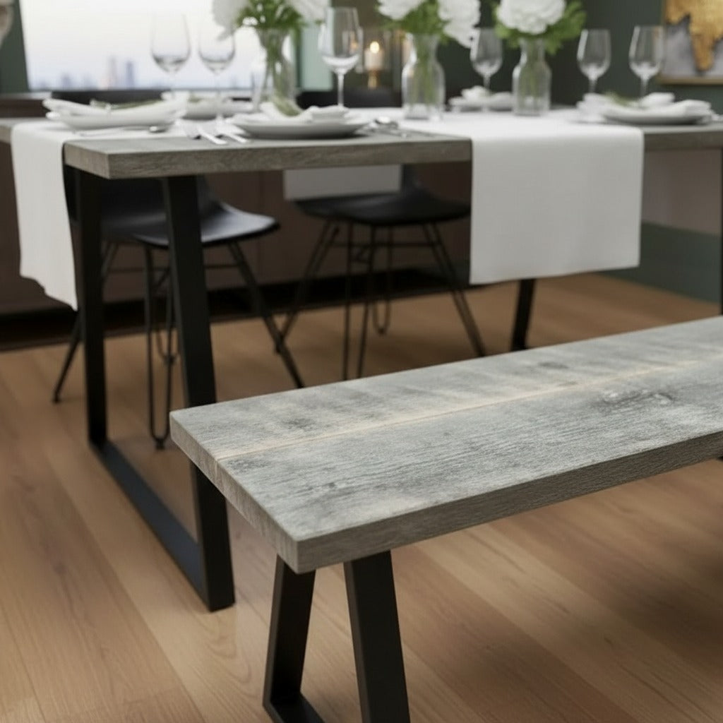 Rustic Scaffold Board Dining Table & Bench Set with Steel Square Legs – Industrial Reclaimed Style