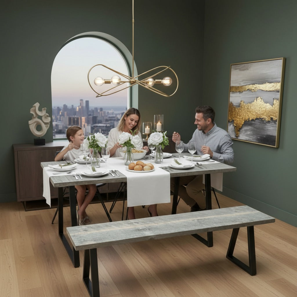 Family of four sitting at a dining table with a cityscape view from a window.