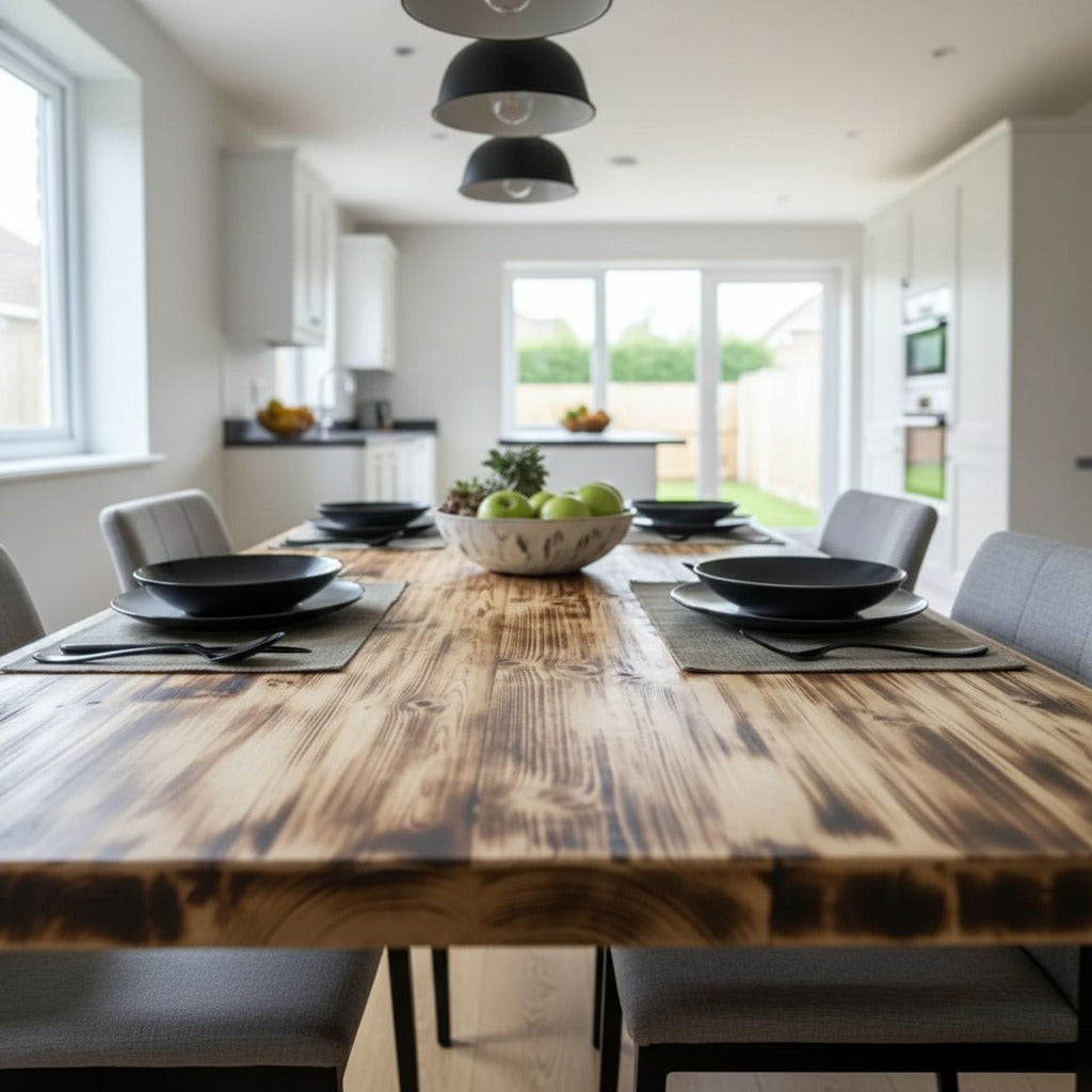 Burn Top Scaffold Board Dining Table & Bench Set, Steel Square Legs