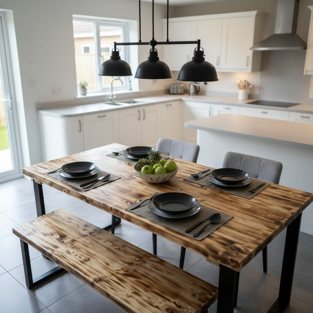 Burn Top Scaffold Board Dining Table & Bench Set, Steel Square Legs