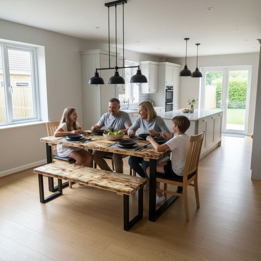 Family of four sitting around a wooden dining table in a modern kitchen.