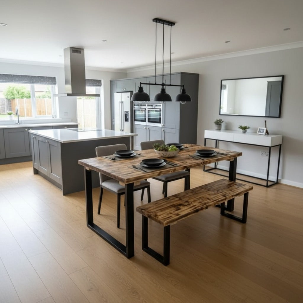 Burn Top Scaffold Board Dining Table & Bench Set, Steel Square Legs