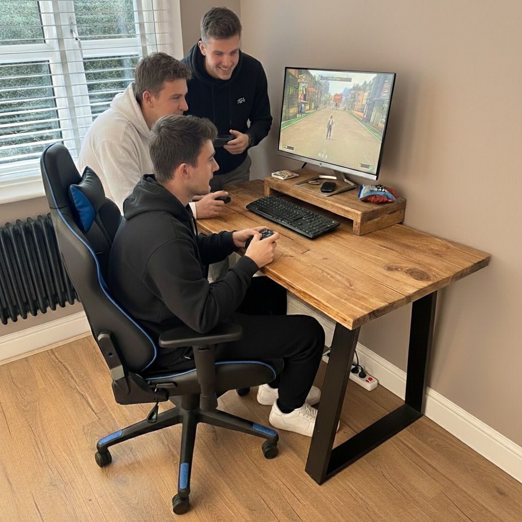 Rustic Scaffold Board Desk with Raised Monitor Stand (Under-Monitor Riser Shelf)