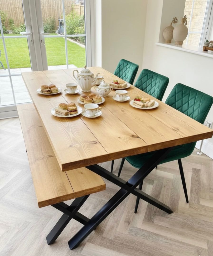 Industrial Solid Wood Dining Set – Cross-Leg Table, Bench & 4 Green Chairs