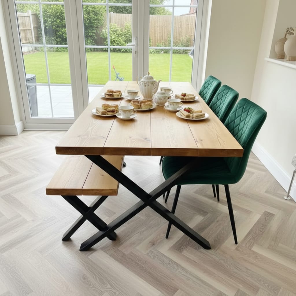 Industrial Solid Wood Dining Set – Cross-Leg Table, Bench & 4 Green Chairs