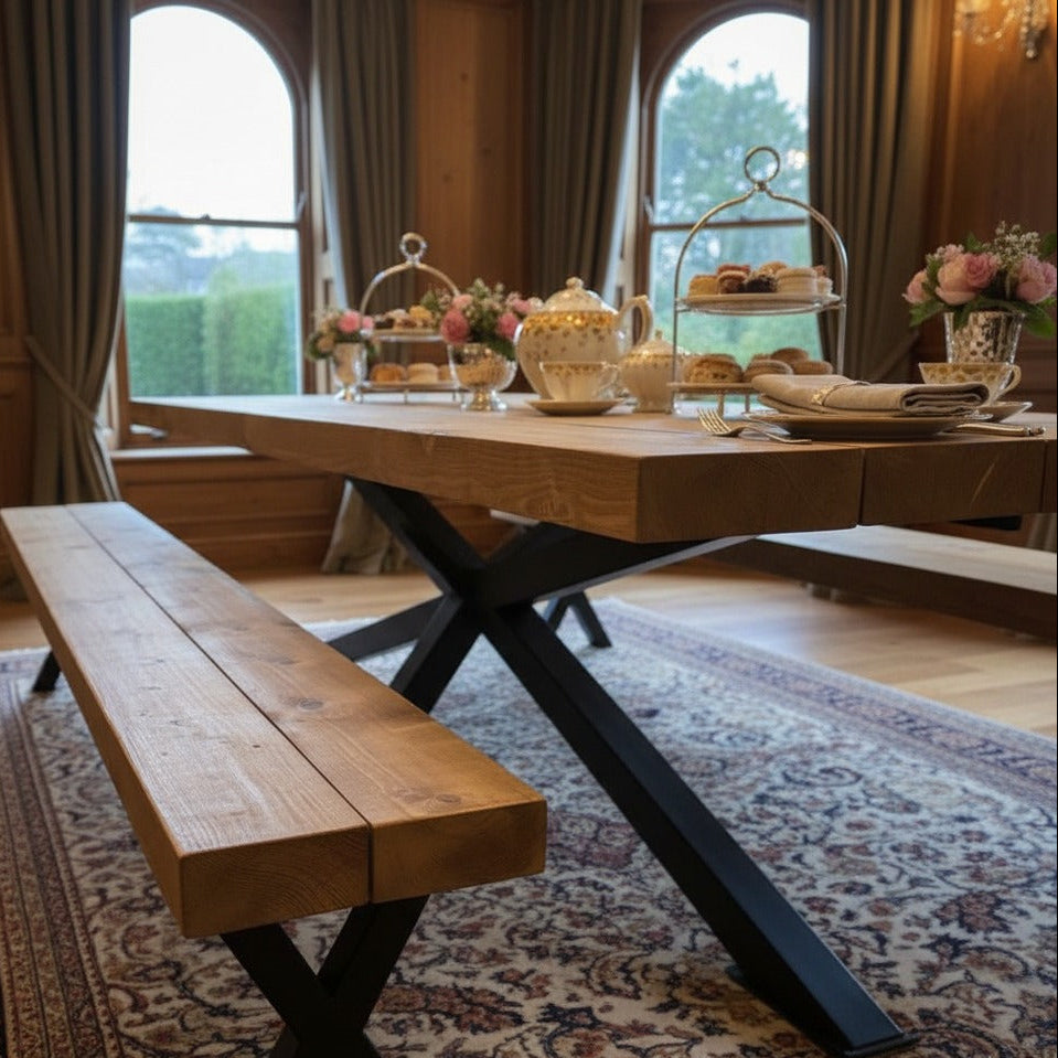Titan Industrial Heritage Dining Table – Handmade Solid Wood 7.0cm Thick Top in Medium Oak Finish with Metal Spider Base, Luxury Custom Size Dining Table