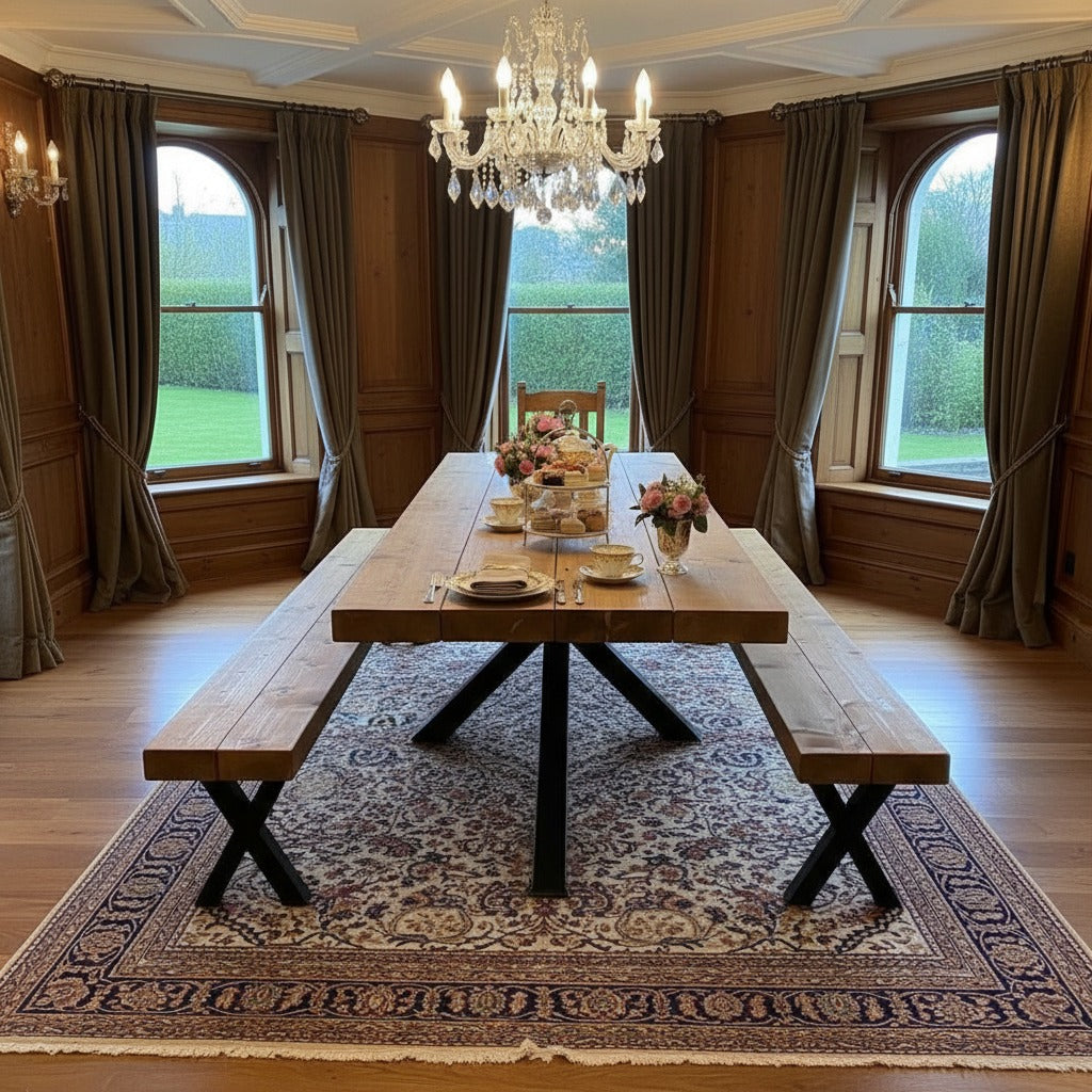 Titan Industrial Heritage Dining Table – Handmade Solid Wood 7.0cm Thick Top in Medium Oak Finish with Metal Spider Base, Luxury Custom Size Dining Table