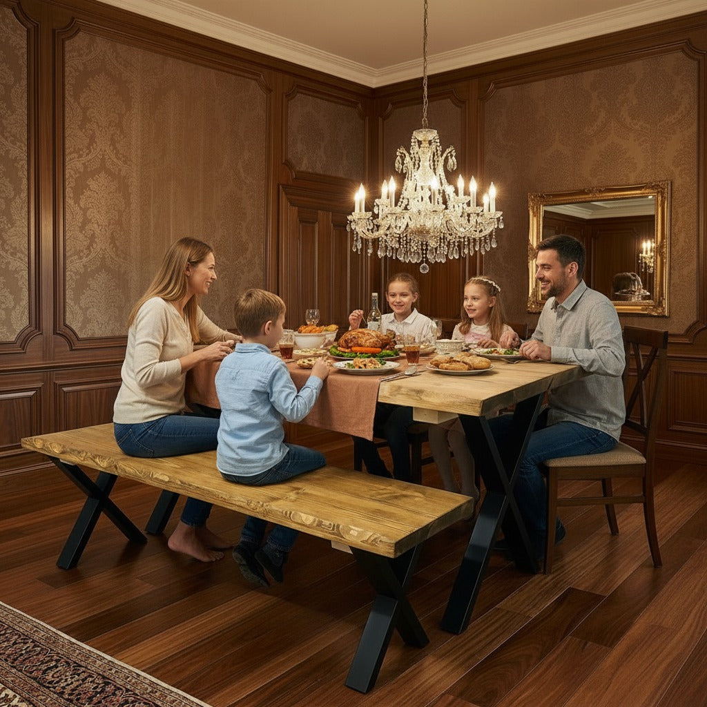 Handcrafted Rustic Industrial Dining Table Set – Live-Edge Solid Wood Design