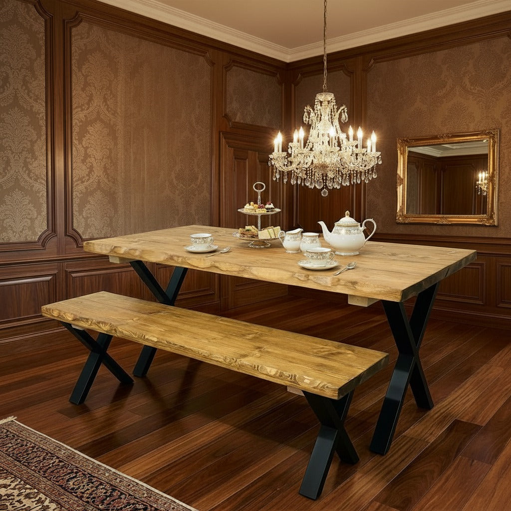 Handcrafted Rustic Industrial Dining Table Set – Live-Edge Solid Wood Design