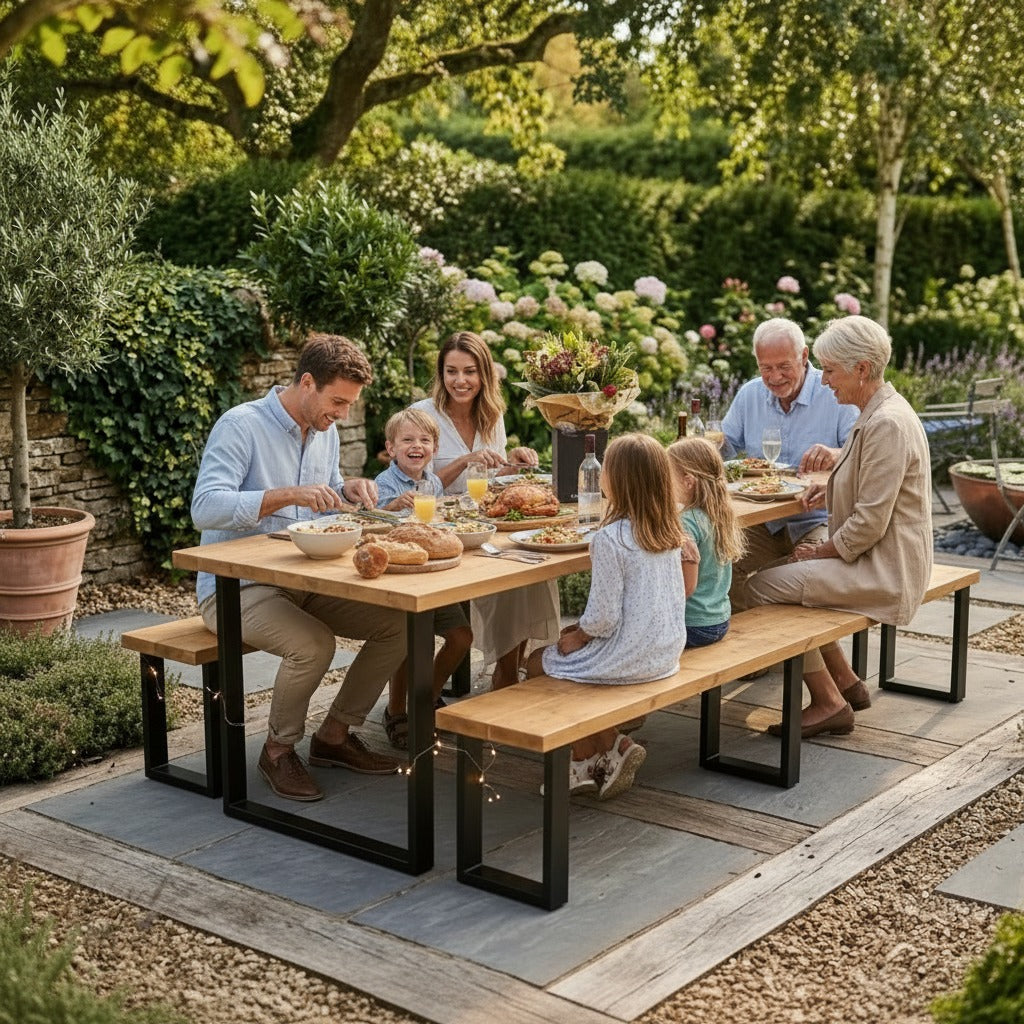 The Forever Table – Handmade Reclaimed Scaffold Board Dining Set with Industrial Steel Legs