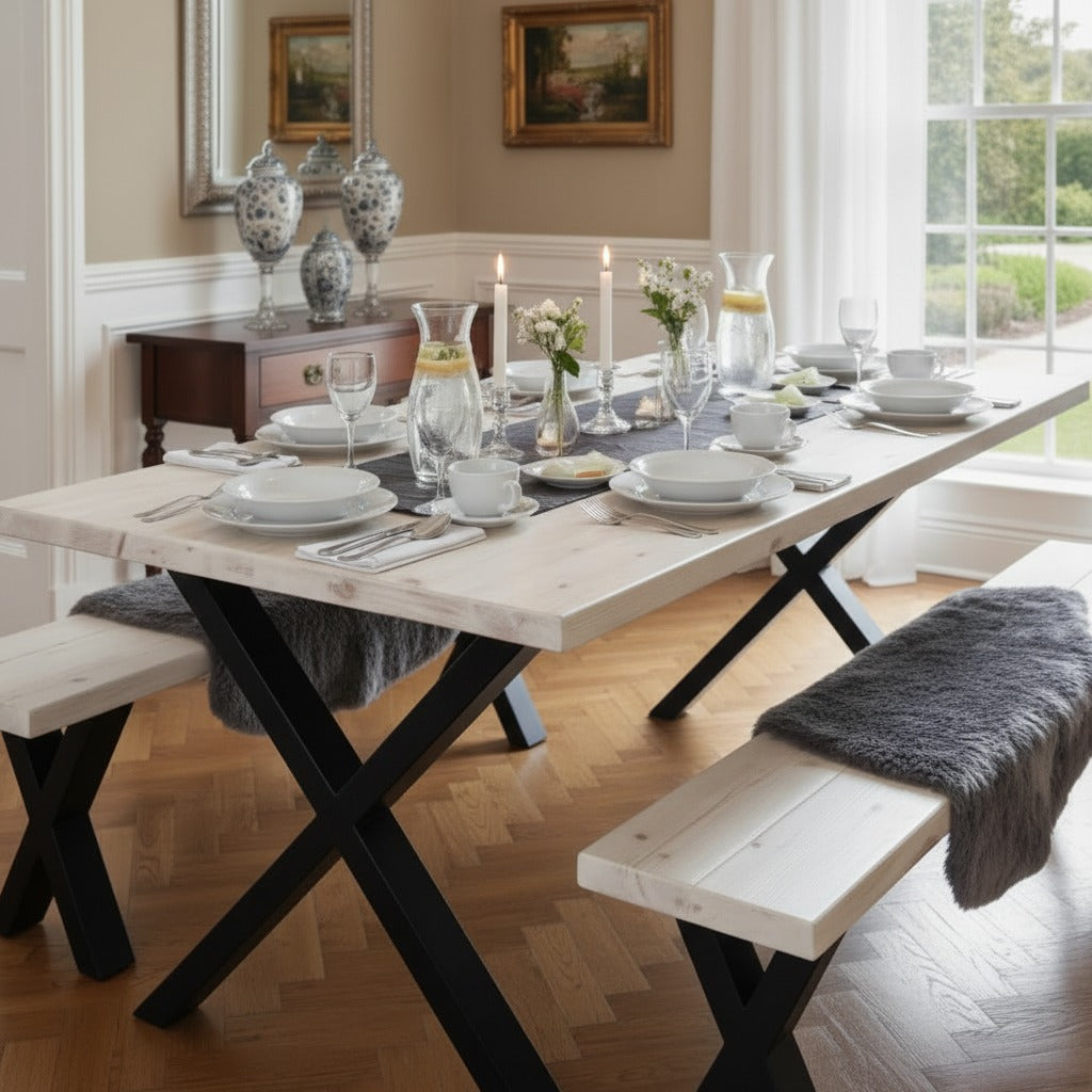 Rustic Reclaimed Scaffold Board Dining Table & Bench Set with X Shape Legs – Industrial Style Dining Furniture