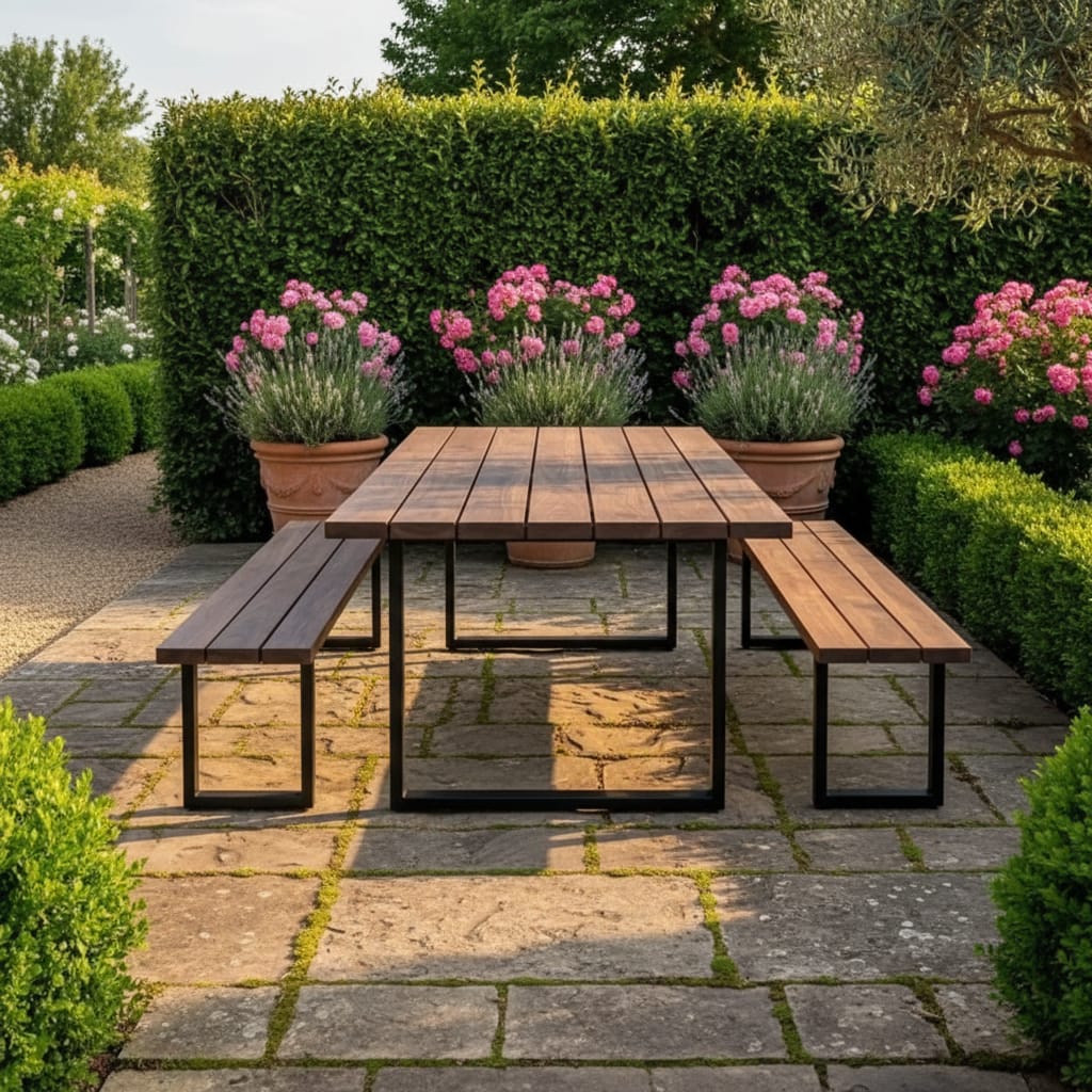 Luxury Industrial Garden Dining Set – Waterproof Solid Wood Table & Bench Set