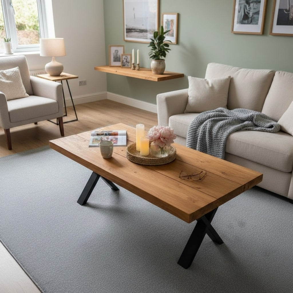 Industrial Scaffold Board Coffee Table on Steel X-Legs Handcrafted Wooden Furniture