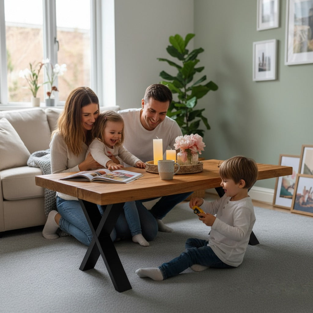 Industrial Scaffold Board Coffee Table on Steel X-Legs Handcrafted Wooden Furniture