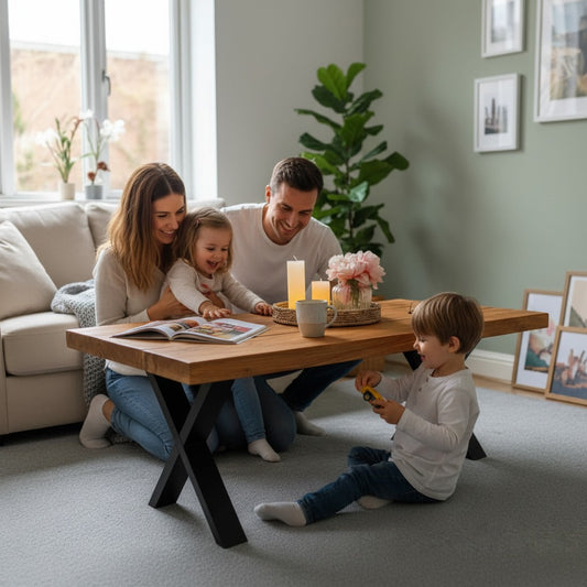Industrial Scaffold Board Coffee Table on Steel X-Legs Handcrafted Wooden Furniture