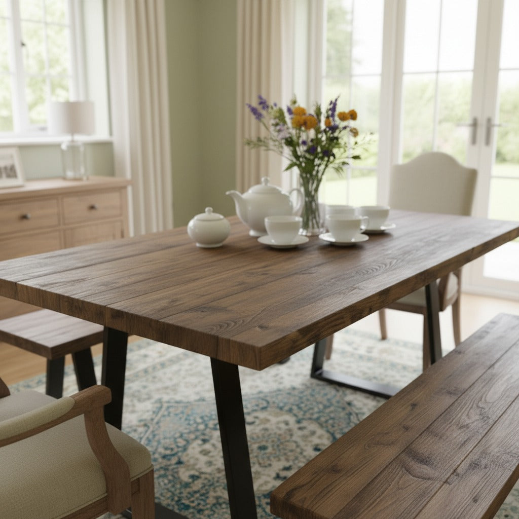 Rustic Reclaimed Wood Dining Table & Bench Set with Steel Trapezium Legs