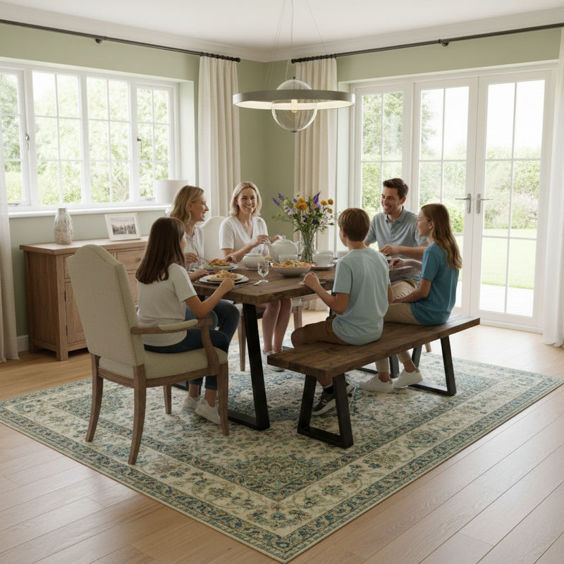 Rustic Reclaimed Wood Dining Table & Bench Set with Steel Trapezium Legs