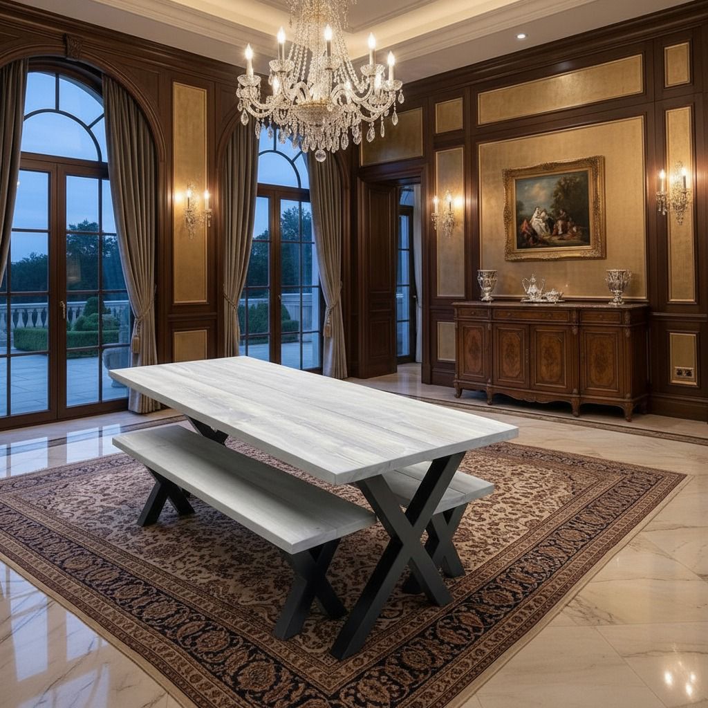 Rustic Scaffold Board Dining Table & Bench Set with Steel Square Legs – Industrial Reclaimed Style