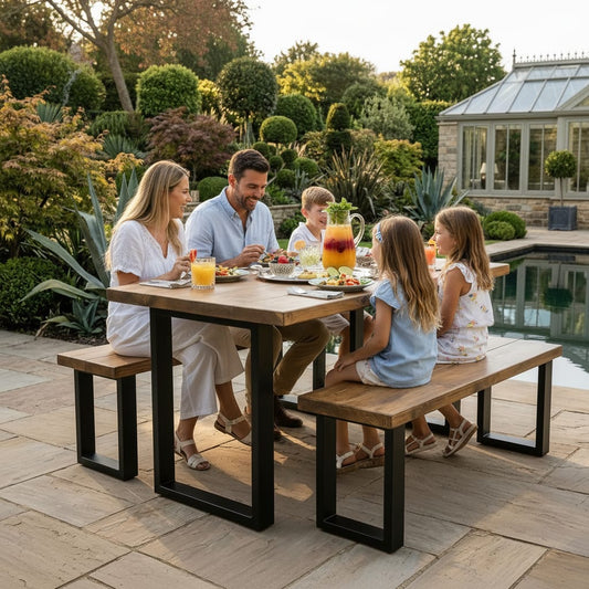 Handmade Rustic Scaffold Board Dining Table & Bench Set – Reclaimed Wood Industrial Table with Black Metal Legs