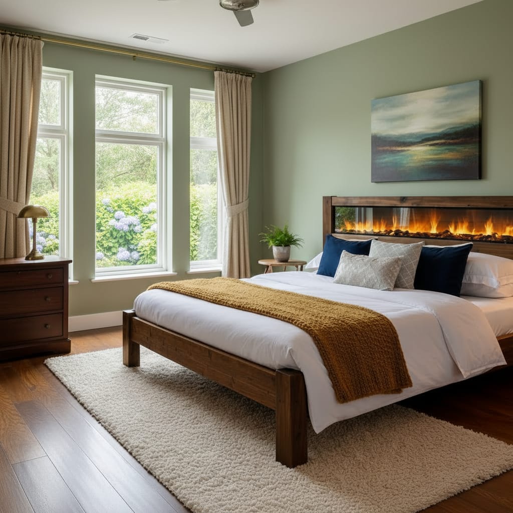Rustic Industrial Bed Frame with LED Flame Headboard – Solid Timber Handmade Bed