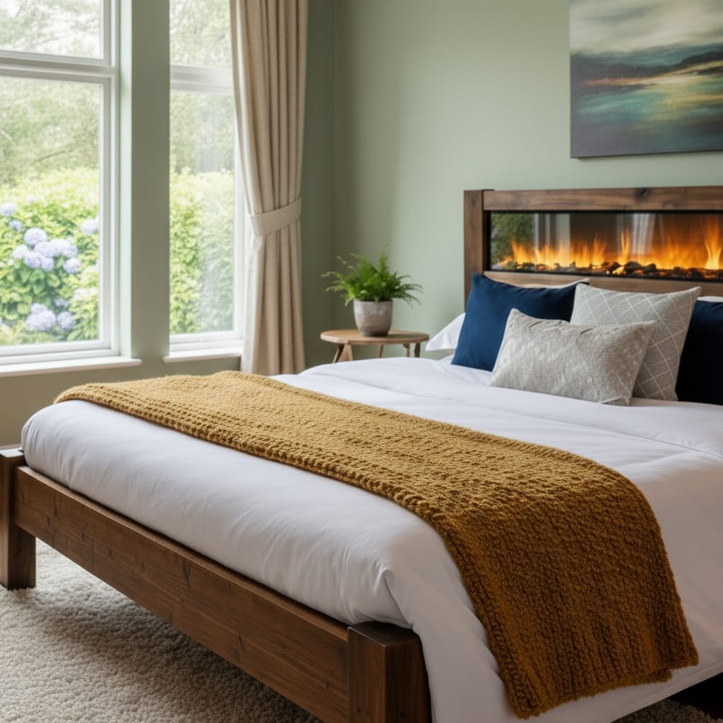 Rustic Industrial Bed Frame with LED Flame Headboard – Solid Timber Handmade Bed