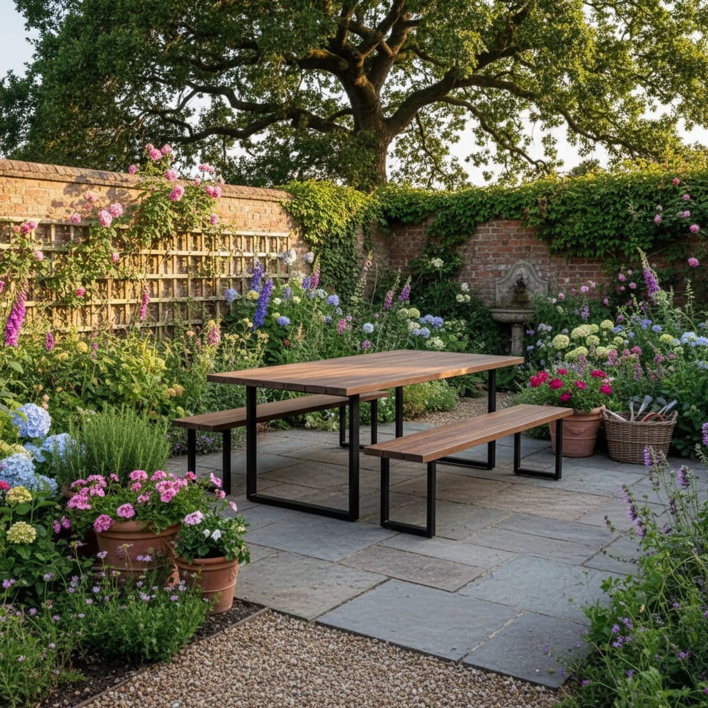 Luxury Industrial Garden Dining Set – Waterproof Solid Wood Table & Bench Set