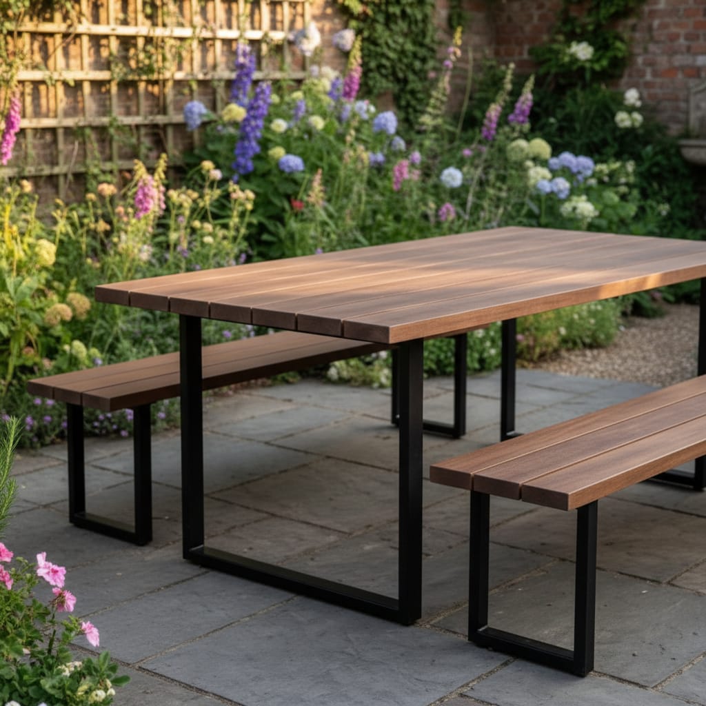 Luxury Industrial Garden Dining Set – Waterproof Solid Wood Table & Bench Set