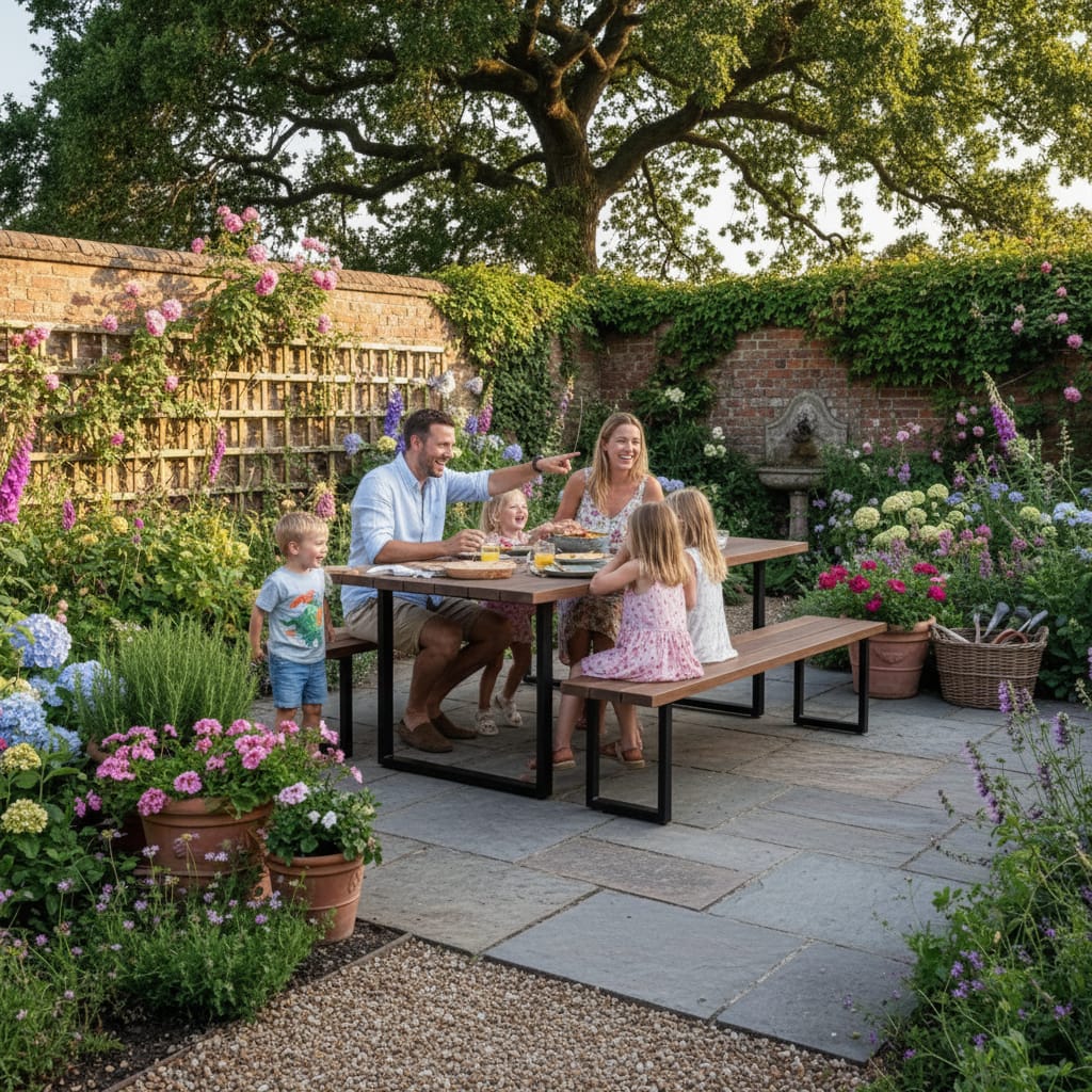 Luxury Industrial Garden Dining Set – Waterproof Solid Wood Table & Bench Set