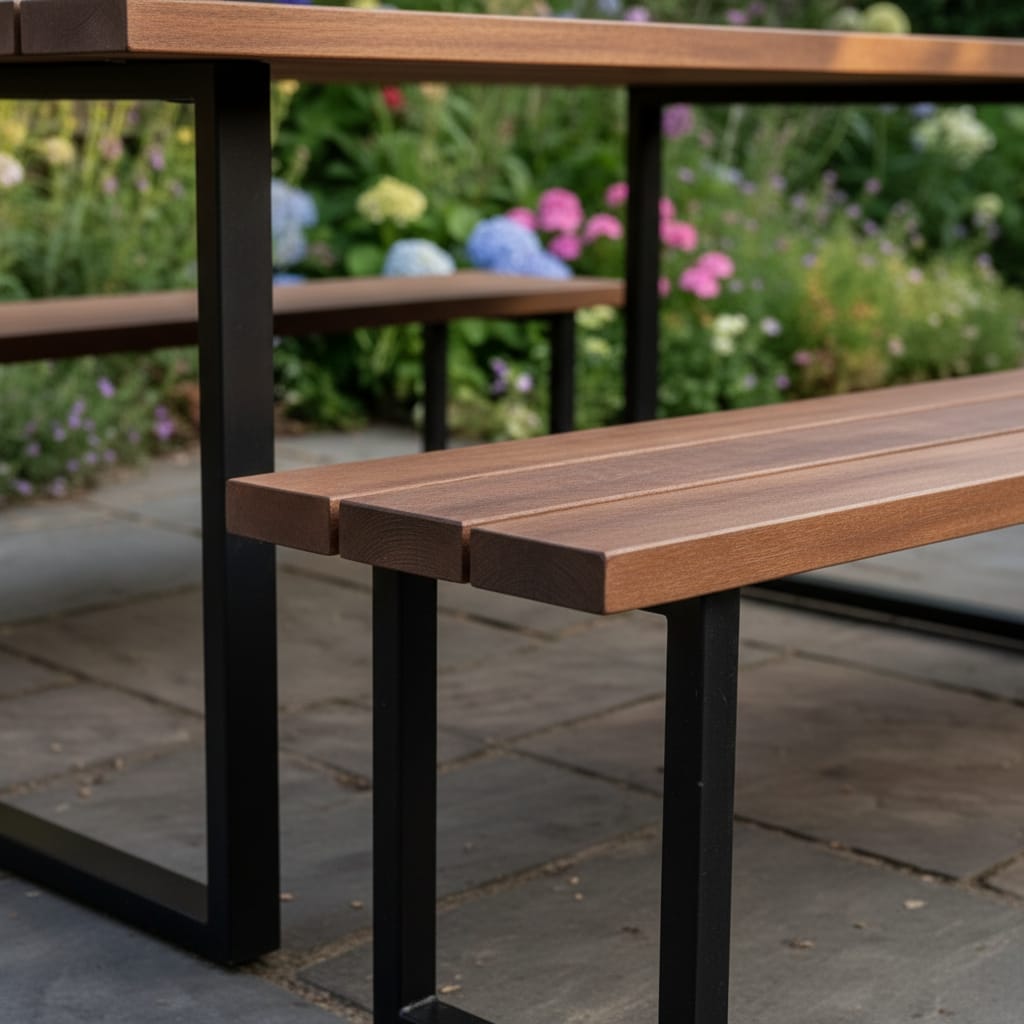 Luxury Industrial Garden Dining Set – Waterproof Solid Wood Table & Bench Set