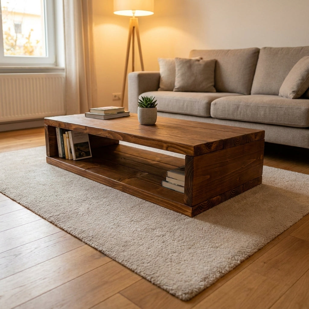 Rustic Solid Wood Coffee Table with Storage Shelf | Handmade Industrial Wooden Coffee Table