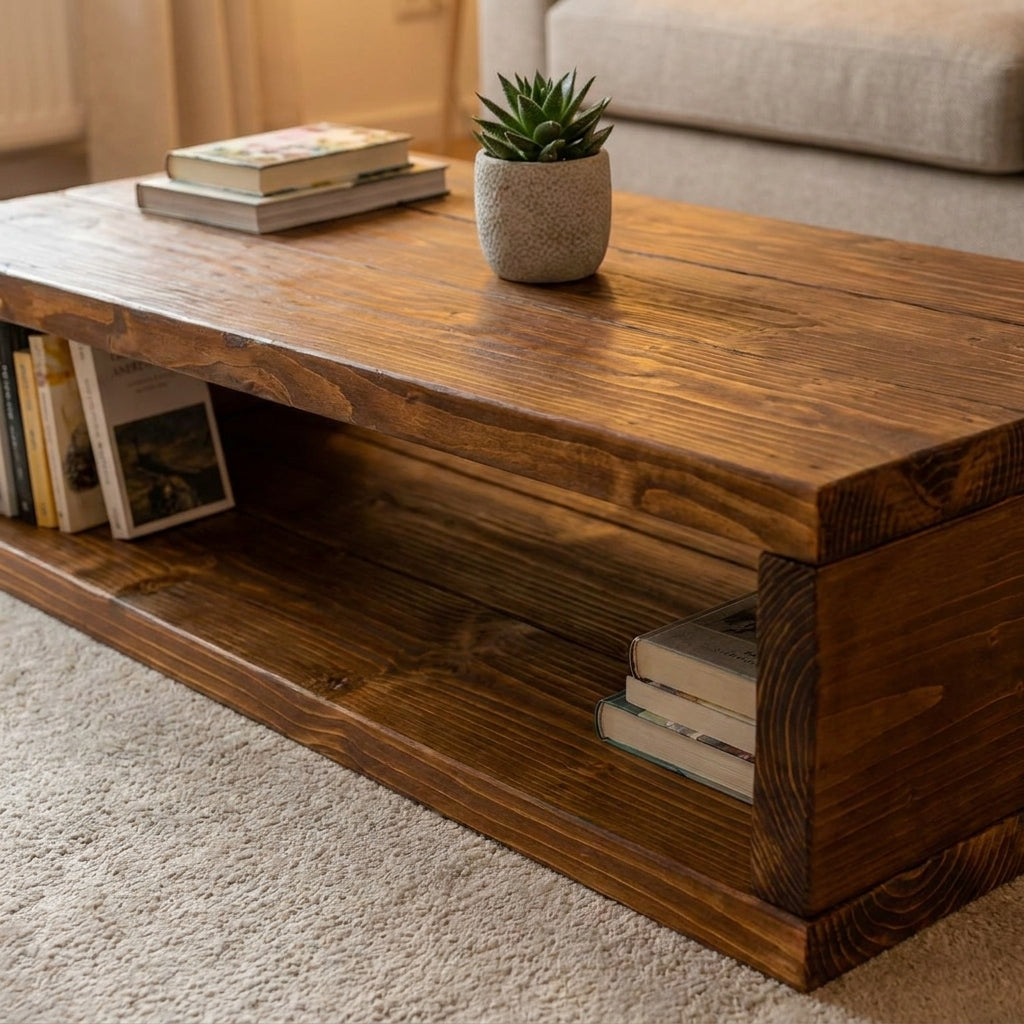 Rustic Solid Wood Coffee Table with Storage Shelf | Handmade Industrial Wooden Coffee Table