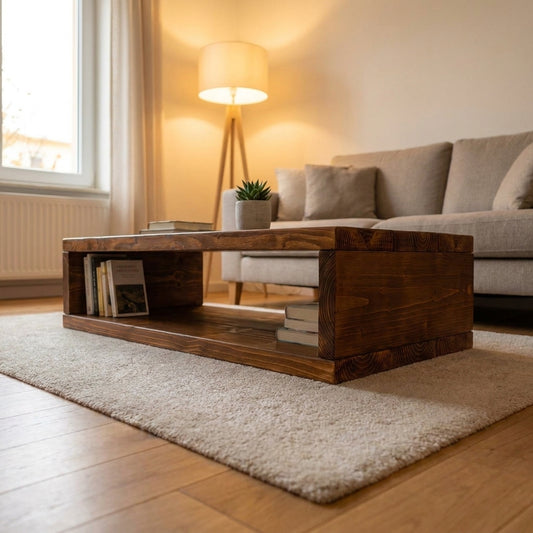 Rustic Solid Wood Coffee Table with Storage Shelf | Handmade Industrial Wooden Coffee Table