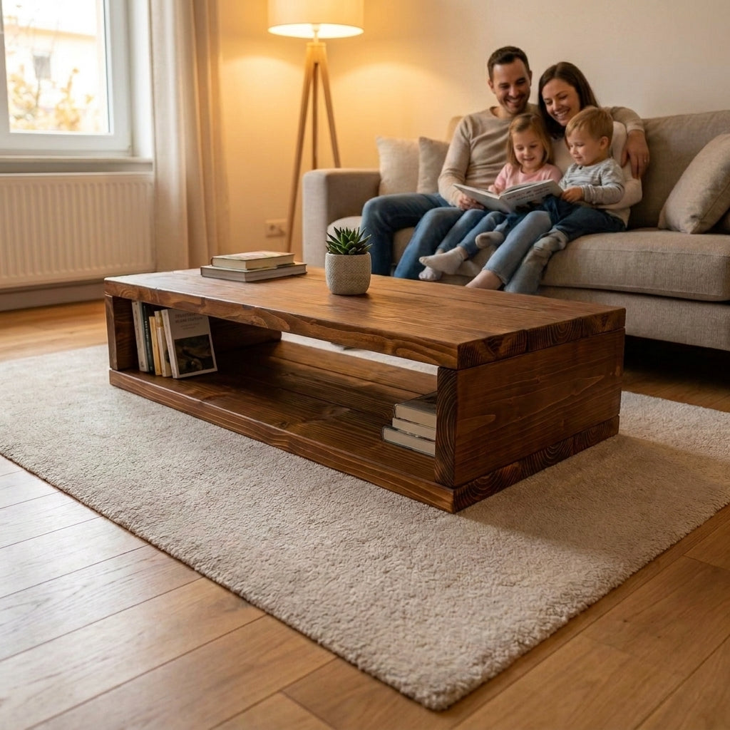 Rustic Solid Wood Coffee Table with Storage Shelf | Handmade Industrial Wooden Coffee Table