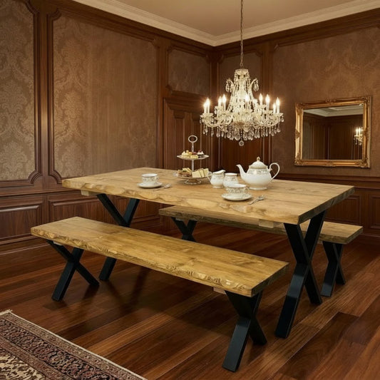 Handcrafted Rustic Industrial Dining Table Set – Live-Edge Solid Wood Design
