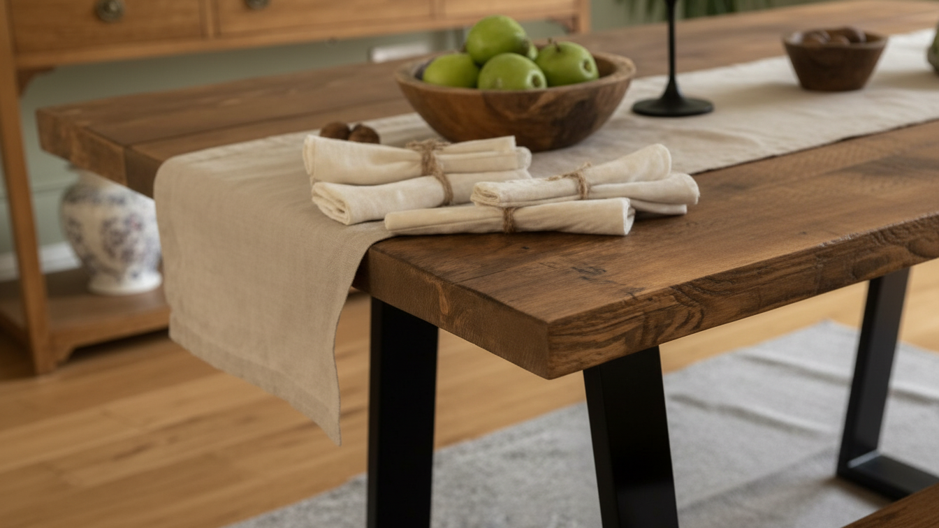 Rustic Reclaimed Wood Dining Table & Bench Set with Steel Trapezium Legs