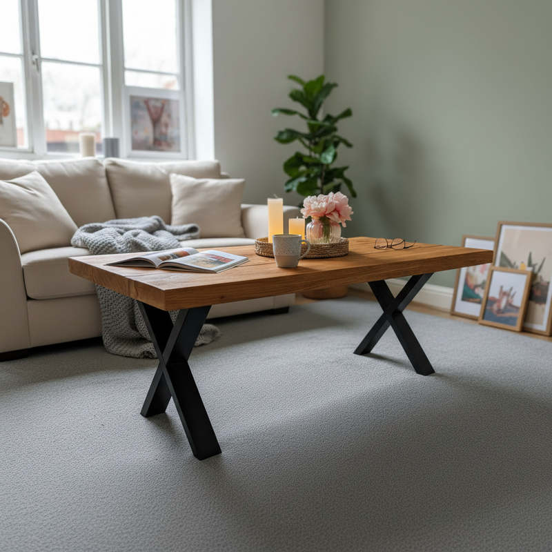 Industrial Scaffold Board Coffee Table on Steel X-Legs Handcrafted Wooden Furniture