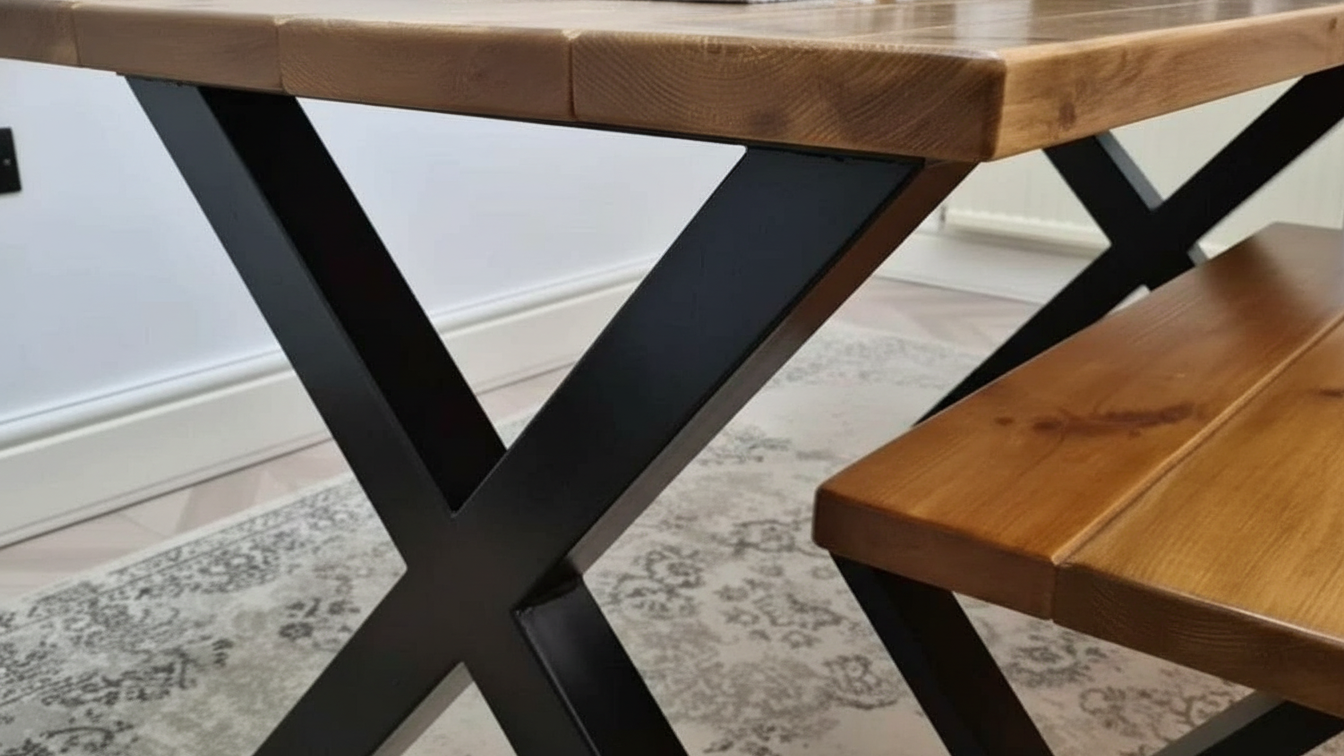 Rustic Scaffold Board Dining Table & Bench Set Black Metal X-Legs | Industrial Reclaimed Wood